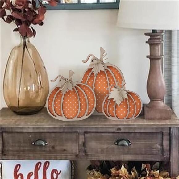 Wooden Autumn Pumpkin Fall Decor - Set of 3 Pumpkins for Shelf, Mantel, Table - Picture 5 of 7